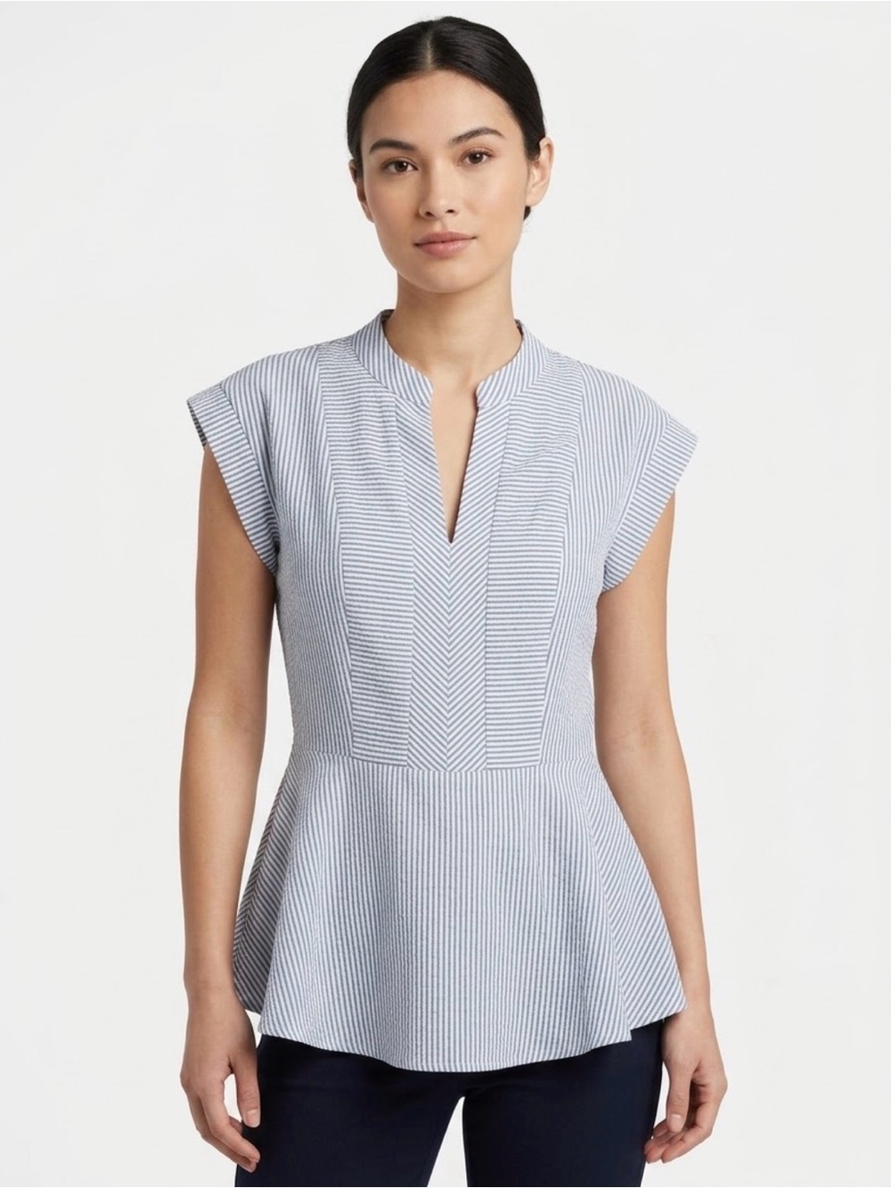 Monteau Striped Peplum Top Blue White Cap Sleeve V-Neck Blouse Small NWT